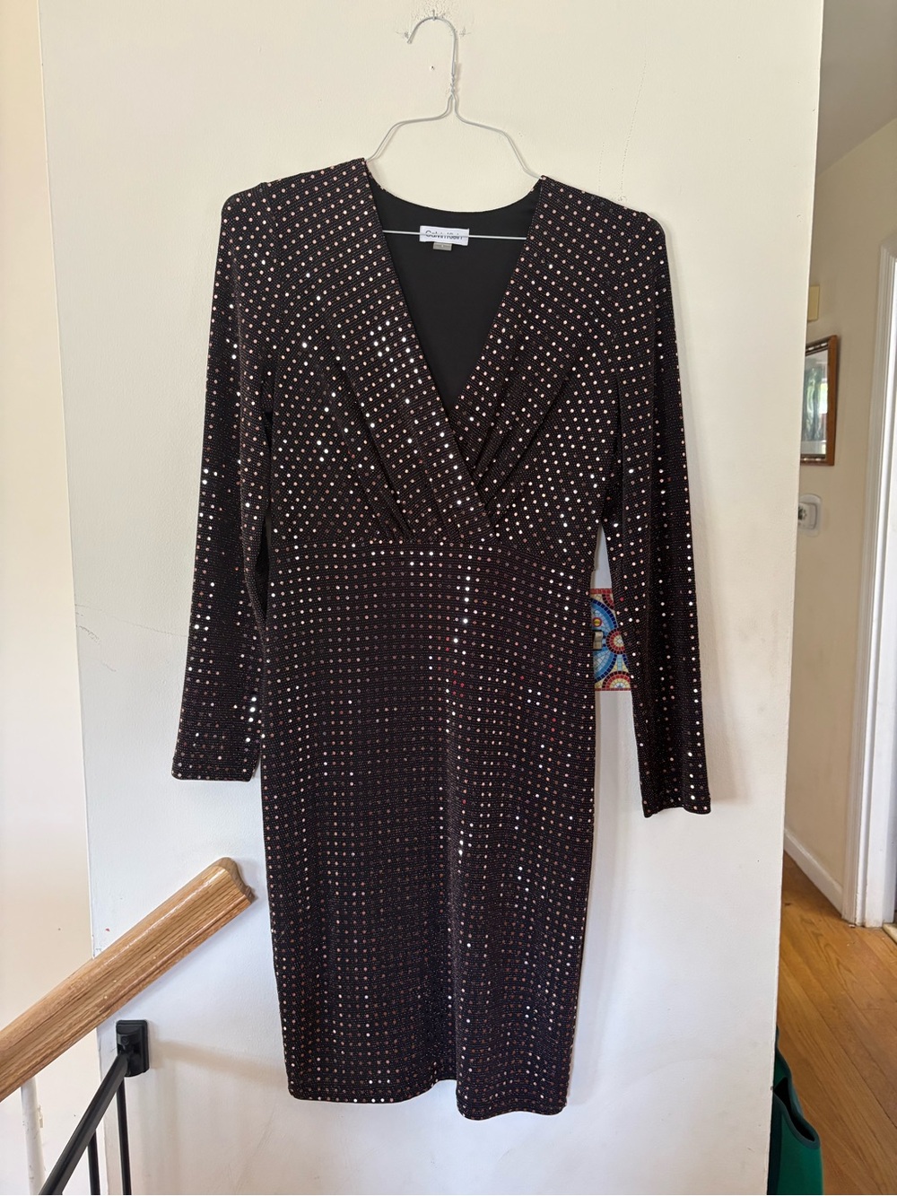 Calvin Klein Black Long-Sleeve V-Neck Sequin Sheath Dress